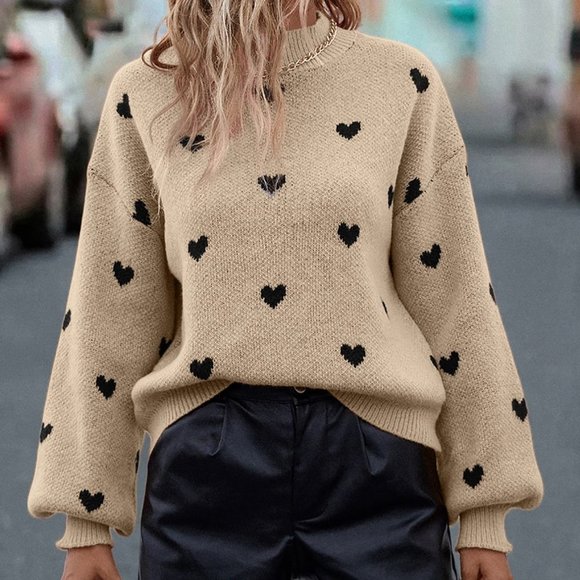 . Sweaters - Apricot Casual Womens Heart Pattern Mock Neck Drop Shoulder Sweater